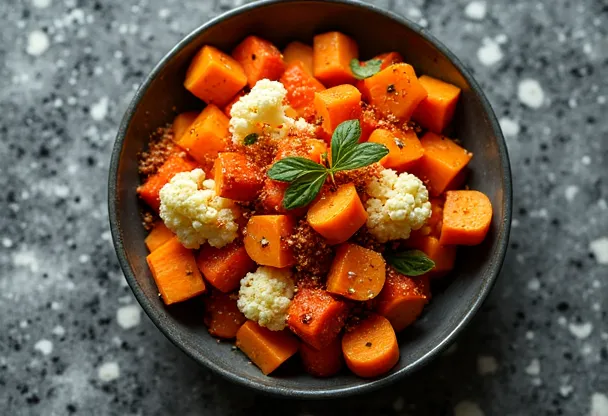 Bold roasted vegetables with spicy sauce 2 Roasted Vegetables with Spicy Sauce